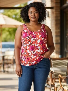 Ann Taylor Pink and Orange Floral Ruffle-strap Tank